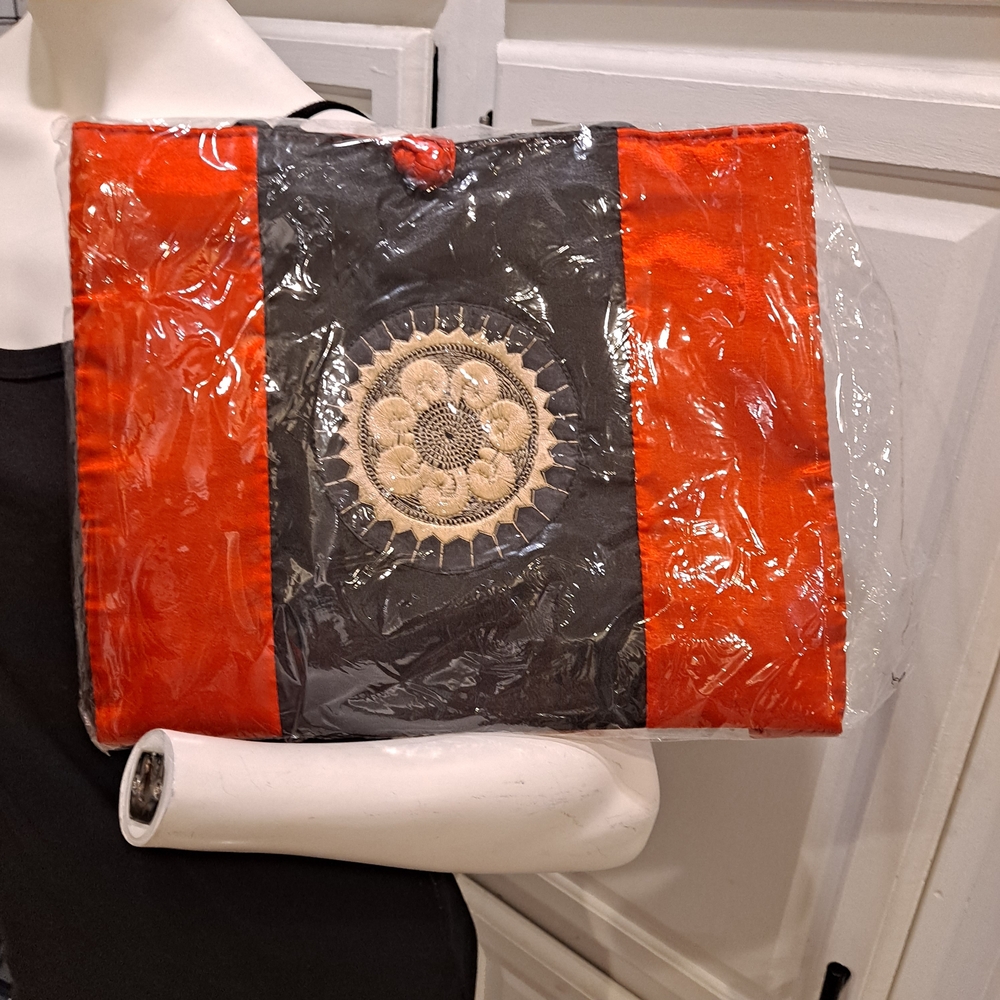 Vibrant Red and Black Embroidered Tote